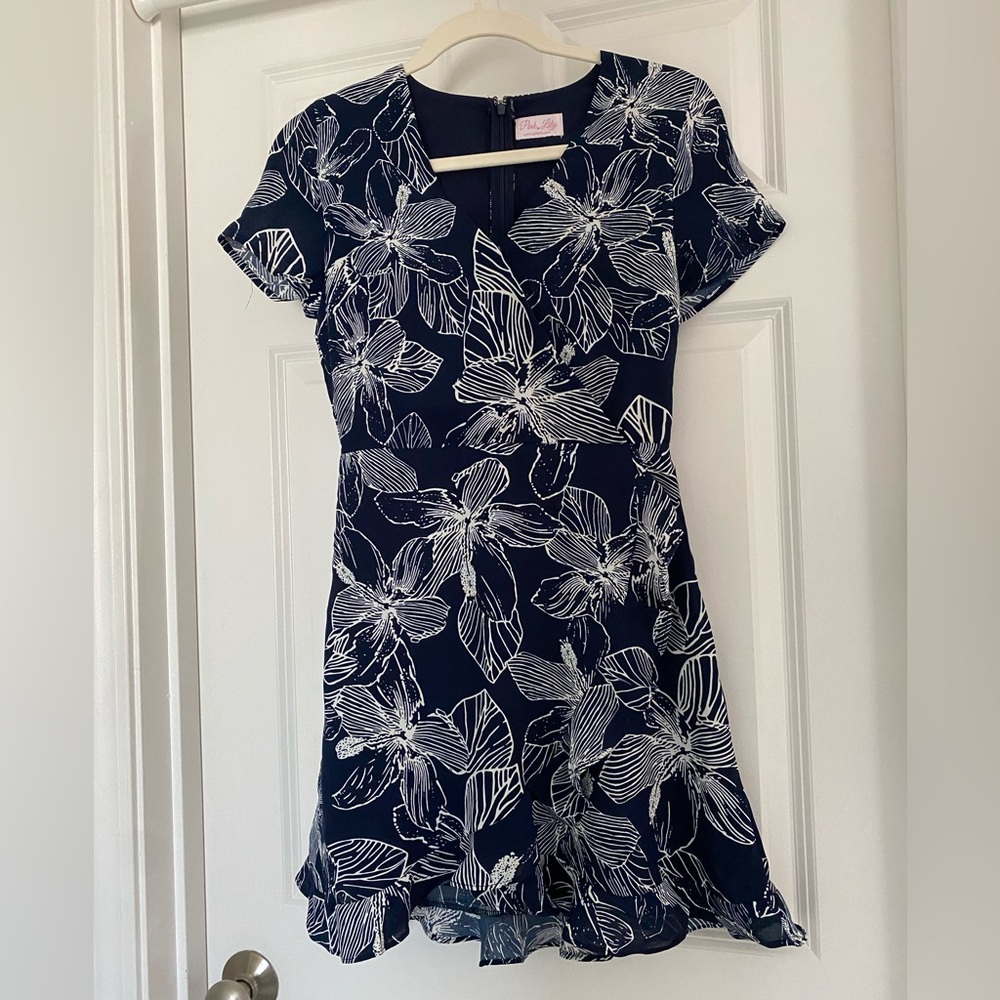 Pink Lily Draw Your Attention Wrap Floral Navy Dress - Small